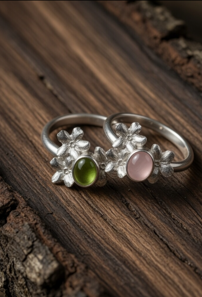 Vergissmeinnicht Ring mit Rosenquarz oder Peridot