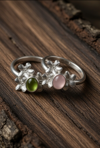 Vergissmeinnicht Ring mit Rosenquarz oder Peridot