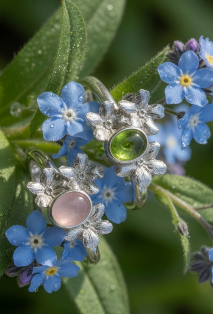 Vergissmeinnicht Ring mit Rosenquarz oder Peridot