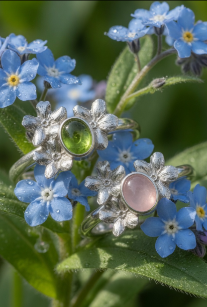 Vergissmeinnicht Ring mit Rosenquarz oder Peridot
