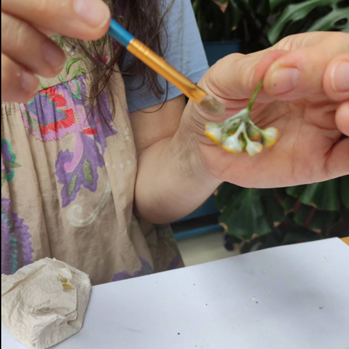 Eine Blüte wird von Hand mit einem Pinsel bearbeitet
