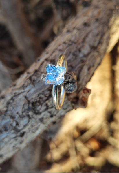 925 Silber Ring Mini Hortensien Blüte – Naturabguss Handgefertigt