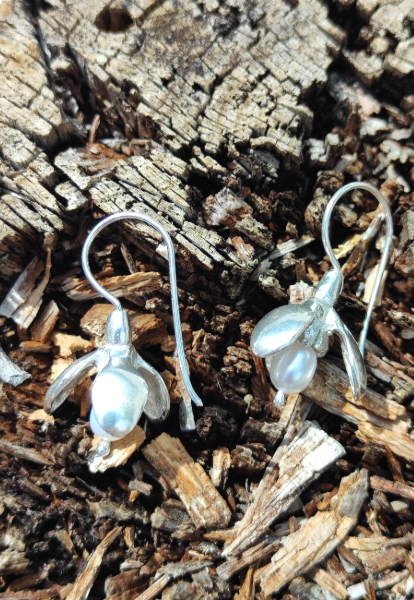Schneeglöckchen Ohrhänger mit Süsswasserperle in der Blüte